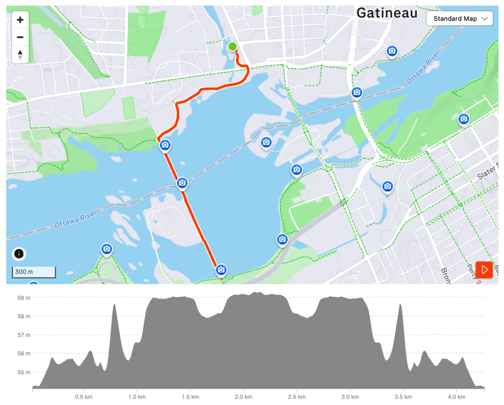 Starting at Théâtre d'Île, Gatineau, head west along the Voyageur pathway to the Chief William Commanda Bridge and cross to the Ottawa side of the Outaouais River. Reverse the route and end back at Théâtre d'Île.