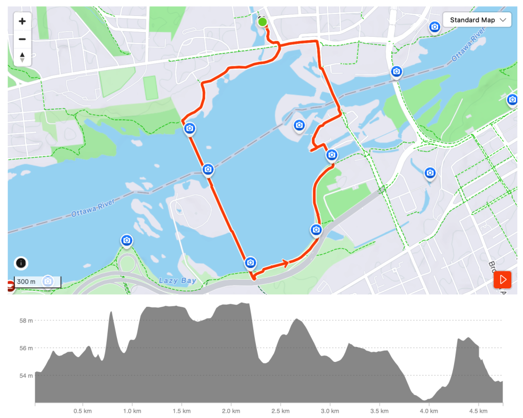 Start at Théâtre d'Île, head west along the Voyageur pathway to the Chief William Commanda Bridge. Cross the bridge to the Ottawa side and head east to the Chaudrière Bridge. Run back to Théâtre d'Île.